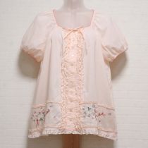 ピンク薔薇刺繍スモックブラウス