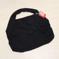 黒花モチーフ綿ニットバッグ