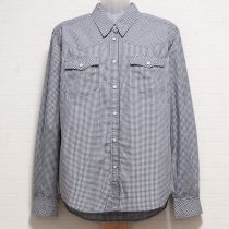 紺×白パッチワーク使いギンガムシャツ