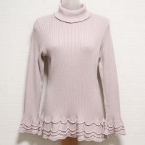 ピンク波型編みニットタートルセーター【L】