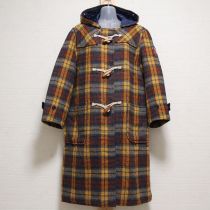 青×黄チェックブーケ刺繍入りダッフルコート
