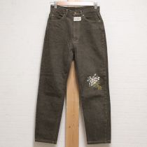 カーキブーケ白つめブーケ刺繍デニムパンツ