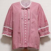 赤クロッシェ使いギンガムブラウス