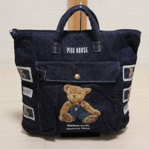 紺オーバーオールくま刺繍バッグ