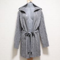 グレーフード付きケーブル編みロングカーディガン