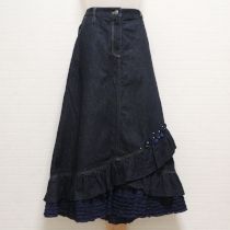 紺花モチーフ付きフリル使いデニムスカート【4(L)】