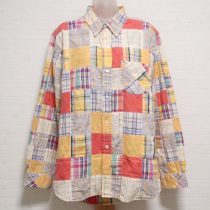 黄系スタンプ柄×チェックパッチワークシャツ【L】