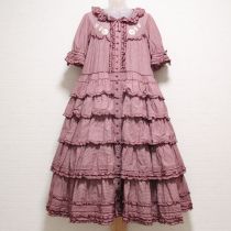 赤アースギンガム雛菊刺繍段々ワンピース