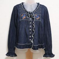 紺デニムロゴ刺繍入りデニムオーバーブラウス