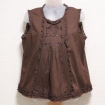 茶サテンリボン使いノースリローンブラウス