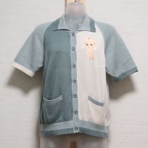 ブルーグレーキューピー刺繍コットンニットカーディガン