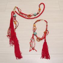 赤ビーズとストーン×リリアンタッセルネックレス&チェーンベルト