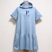ブルー系ロゴ入りフード付きカットソーチュニック