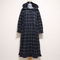 紺×グリーンフード付きネルチェックワンピース