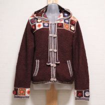 茶パッチワーク使いフード付きニットカーディガン