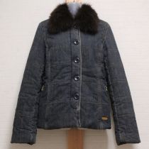紺系ファー付き中綿USED加工デニムジャケット【L】