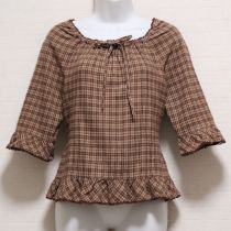 茶系チェックロゴ刺繍ネルブラウス