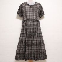 グリーン×こげ茶系チェックピコフリルローンワンピース