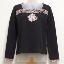 黒コサージュ柄フリル使いカットソー【M】