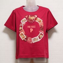 赤Flower Picnicプリントアップリケカットソー