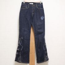 紺フラワーリース裾段々チュールデニムパンツ【S】