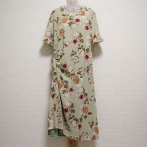 薄荷絵画調薔薇柄たくし上げジョーゼットワンピース