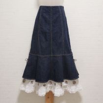 紺ローンフリル使い刺繍デニムスカート【M】