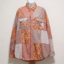 オレンジ系チェック×菊ptパッチワークシャツ
