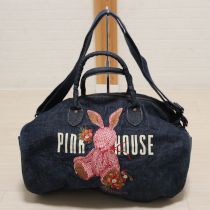 紺ギンガムうさぎ刺繍デニムドラム型ボストンバッグ