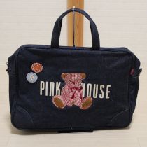 紺ギンガムくま刺繍デニムバッグ缶バッジ付き