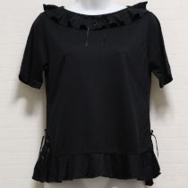 黒サテンリボン使いフリルカットソー【L】