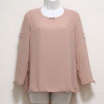 ピンク系水玉フロッキーリボン使いポリブラウス【S】