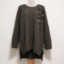 こげ茶サテンリボン使い模様編みニットチュニック