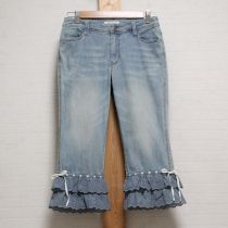 サックス裾段々レースデニムパンツ【L】