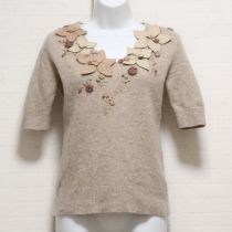 ベージュ花モチーフ×刺繍半袖セーター【S】