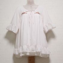 ピンク×オフ白苺刺繍レイヤー風天日干しローンブラウス