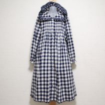 紺ブロックチェックフード付きワンピース