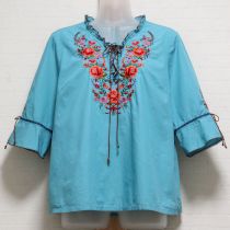 ブルー系ロマンティックフォークロア刺繍ブラウス【L】