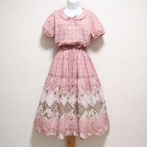 ピンクオリジナルチェック×薔薇の森パッチワークワンピース