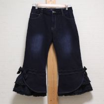 紺×紺裾ローンフリルリボン付きクロップドパンツ【3(M)】