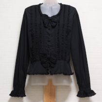 黒ピコフリルリボンコットンブラウス