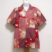 赤チェック薔薇ptパッチワークシャツ【L】
