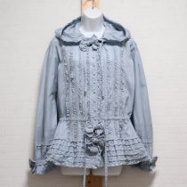 水色ピンタック×ピコフリルフード付きブラウス