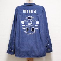 ブルーロゴ刺繍ワッペンライトデニムブラウス
