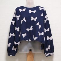 紺ベルベットリボンptバックボタンカットソー