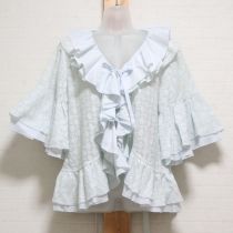 サックス総レースフリルオーバーブラウス