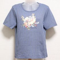 ブルーチェックブーケプリントTシャツ【L】