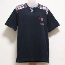 紺チェックパッチワークTシャツ【L】