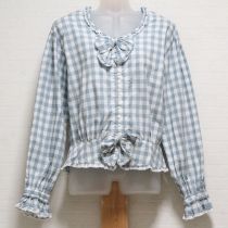 ブルーグレーブロックチェックブラウス