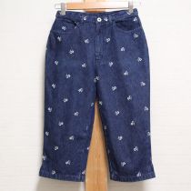 ブルー花刺繍クロップドパンツ【M】
